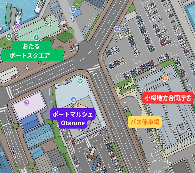 おたるポートスクエア周辺 バス停車場地図